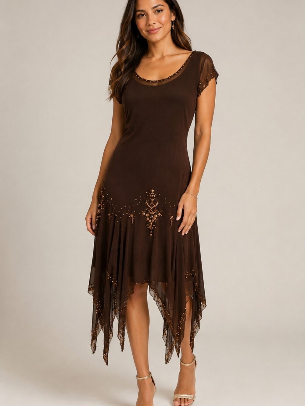 Mix it Brown Beaded Mesh Overlay Flapper Style Maxi Dress. Size 10